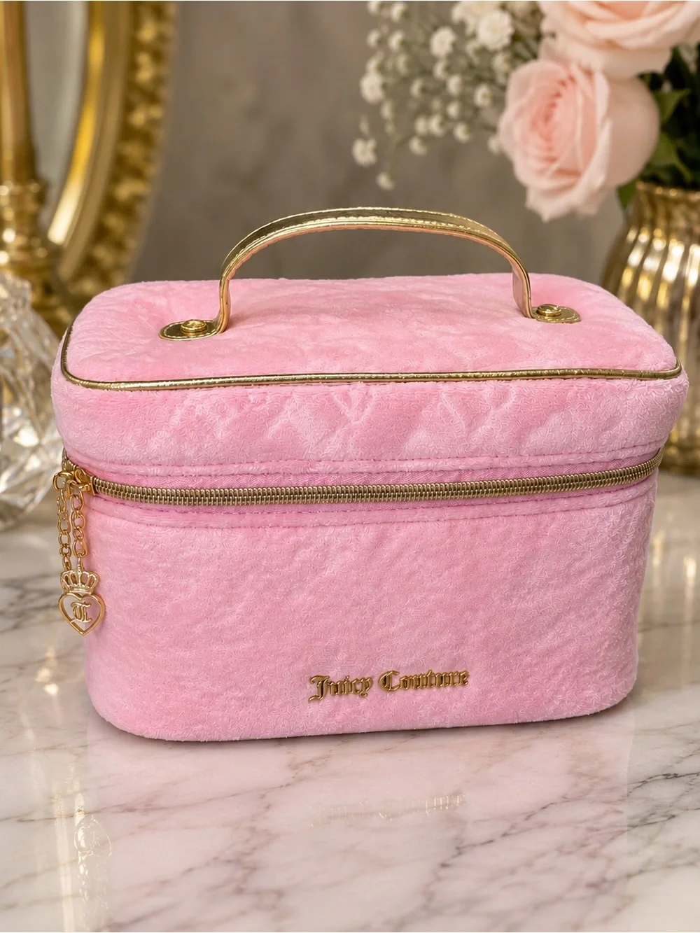 Juicy Couture Soft Pink Plush Cosmetic Case with travel Bottle and Gold Accents